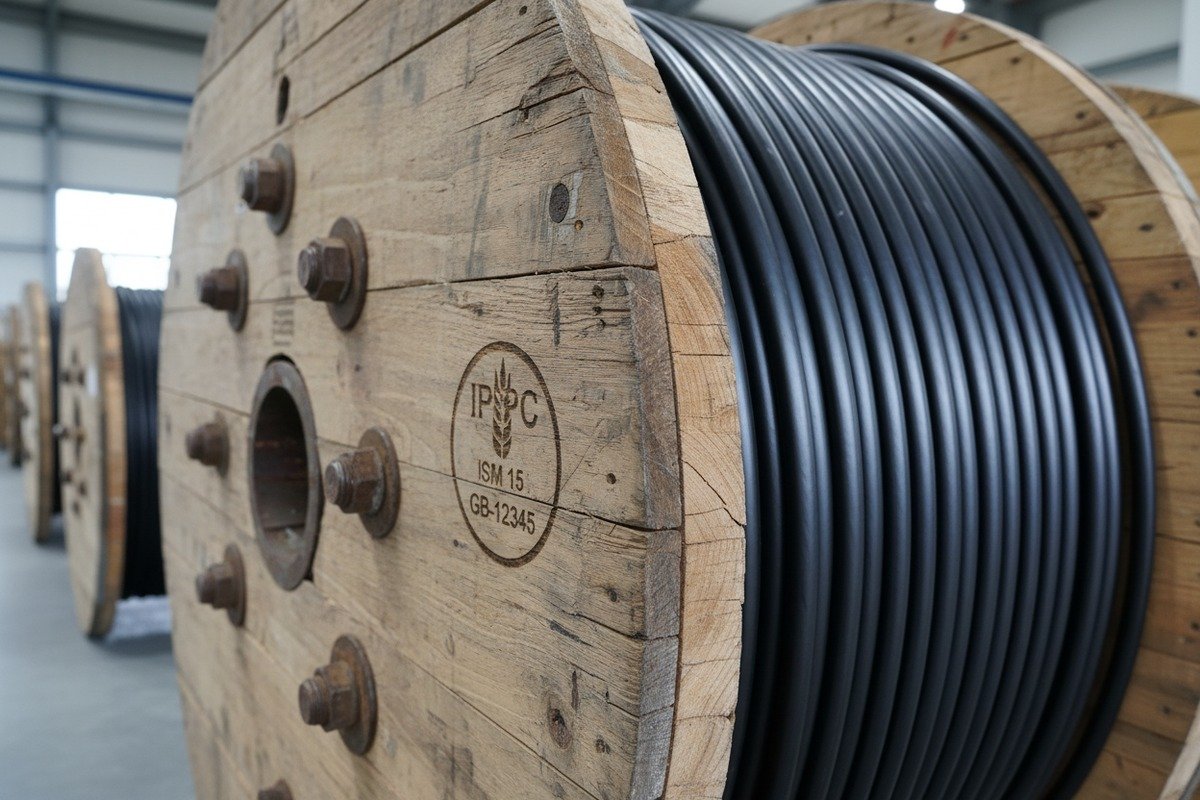 Durable IPPC-fumigated hardwood reels for safe long-distance sea shipment of fiber optic cables (ID#2)