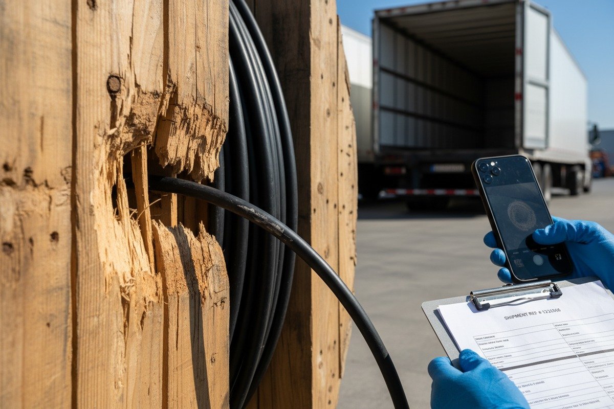Immediate steps for documenting visible shipping damage on ADSS fiber optic cable arrivals (ID#2)