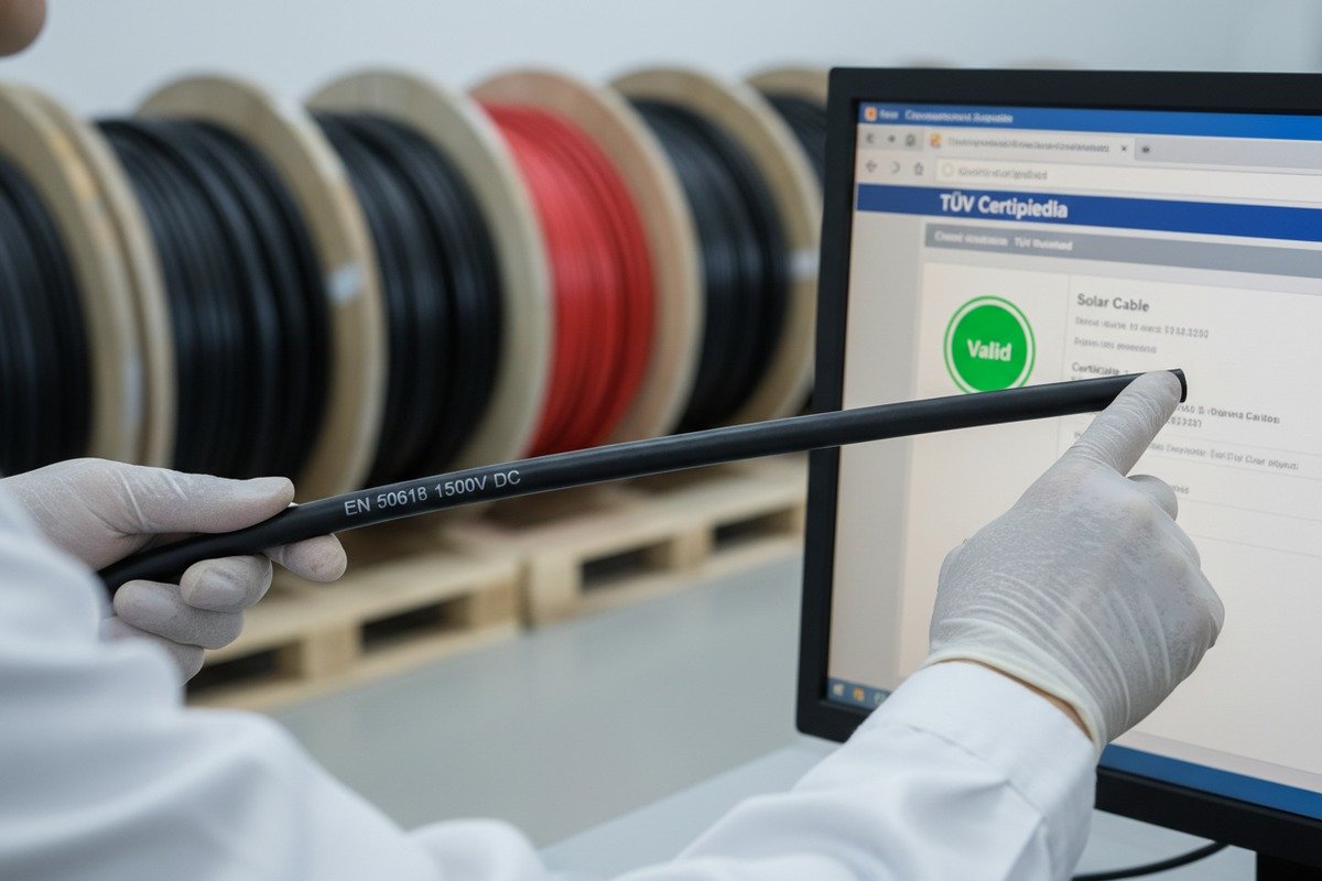Verifying TUV EN50618 certification and voltage rating on solar cable jacket markings (ID#2)