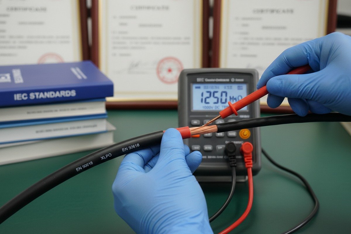 Verifying EN 50618 insulation resistance standards using a megohmmeter during factory inspections (ID#2)