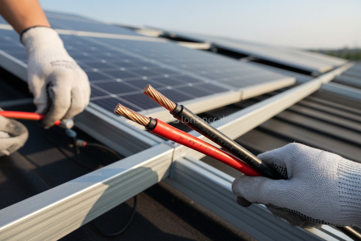 Red and black solar cables identifying DC polarity to prevent wiring errors (ID#2)