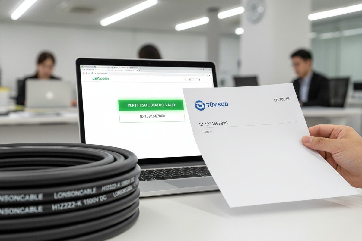 Verifying authentic TUV EN50618 certificates for solar cables via the Certipedia online database (ID#2)