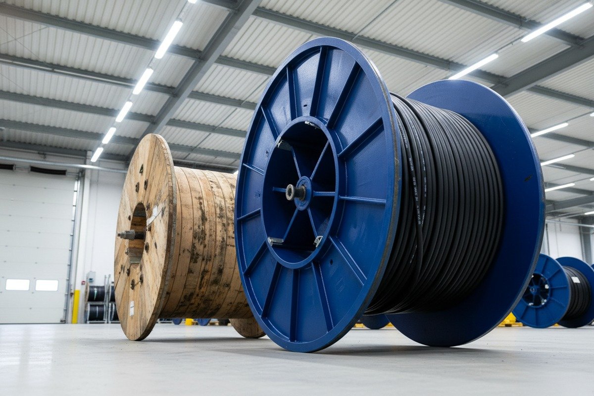 PV cable reel bracing using polyester bands, edge protectors, and anti-slip mats for shipping (ID#3)